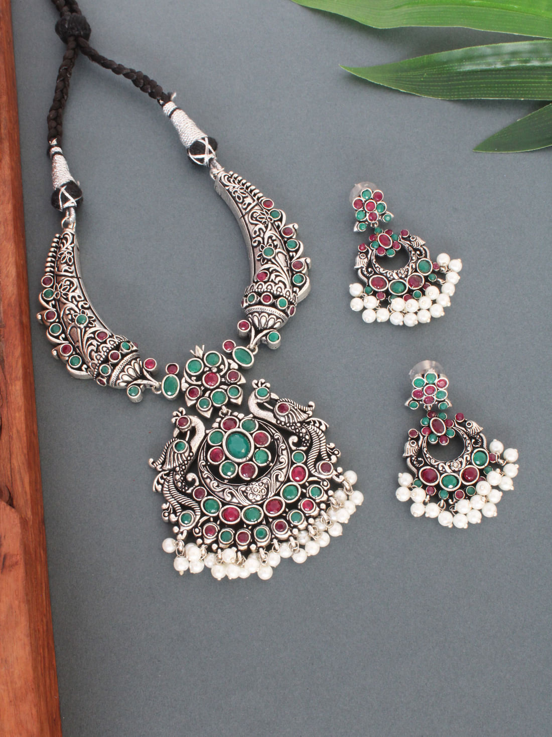 Pink/Green Color Oxidised Necklace